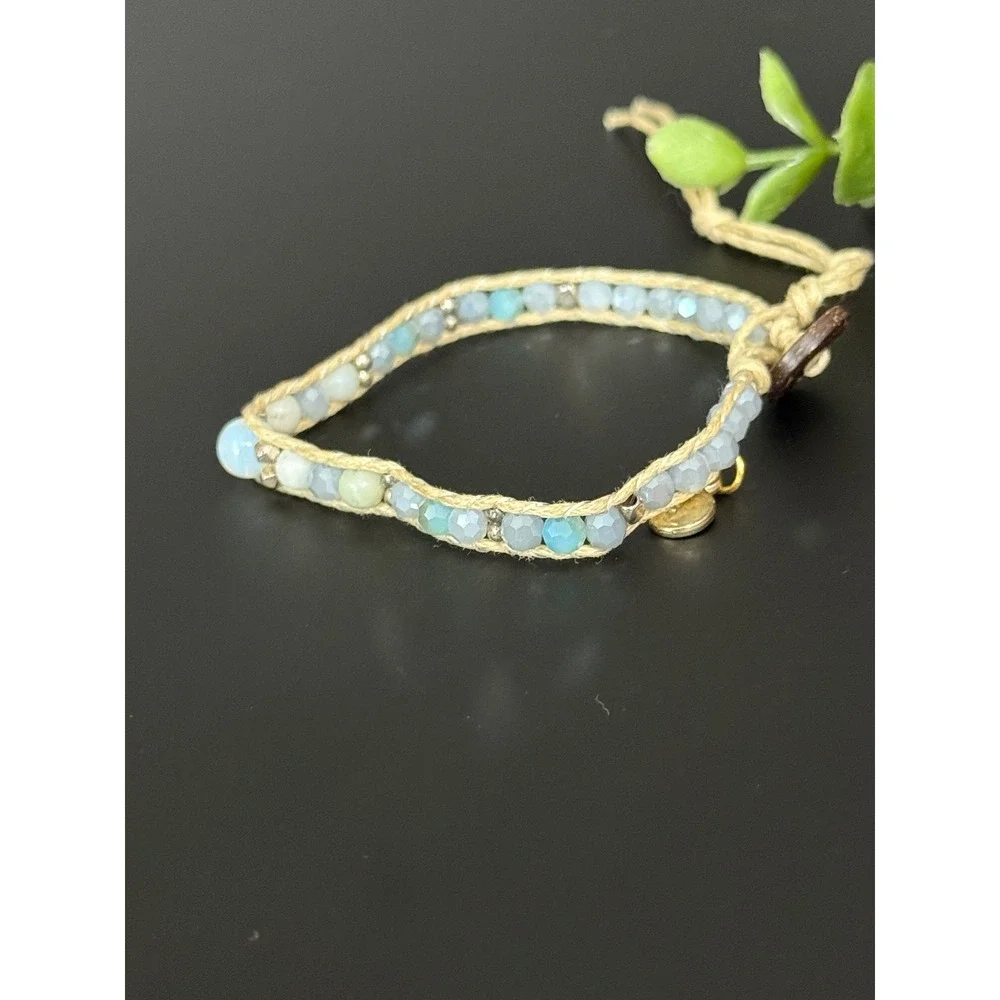 Lotus and Luna Beaded Wrap Bracelet Blue Grey Boho Coconut Button Adjustable